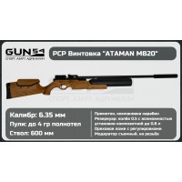 Пневматическая PCP винтовка ATAMAN Карабин MB20 (прямоток), кал.6,35мм (Walnut)..
