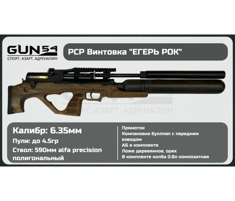 Пневматическая винтовка Егерь (Jæger), булл-пап с увеличенной колбой 0.8L, SP (прямоток), полигональный Alfa Precision ствол 590, кал. 6.35 мм. передний взвод.
