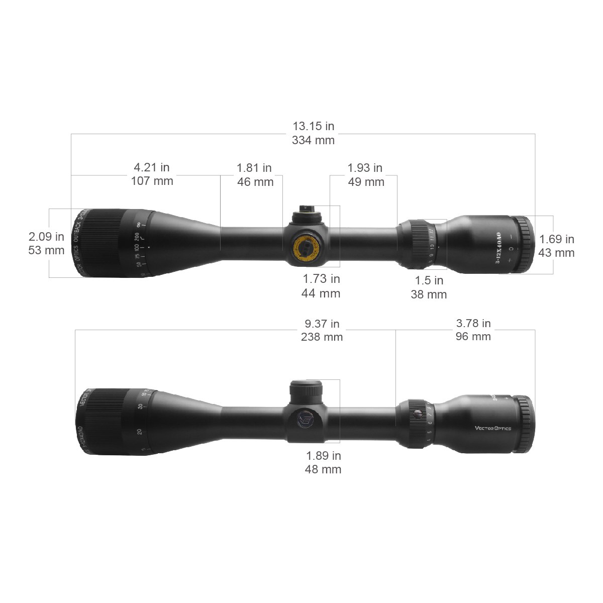 VO Outback 3-12x40 AO Acom Size Diagram