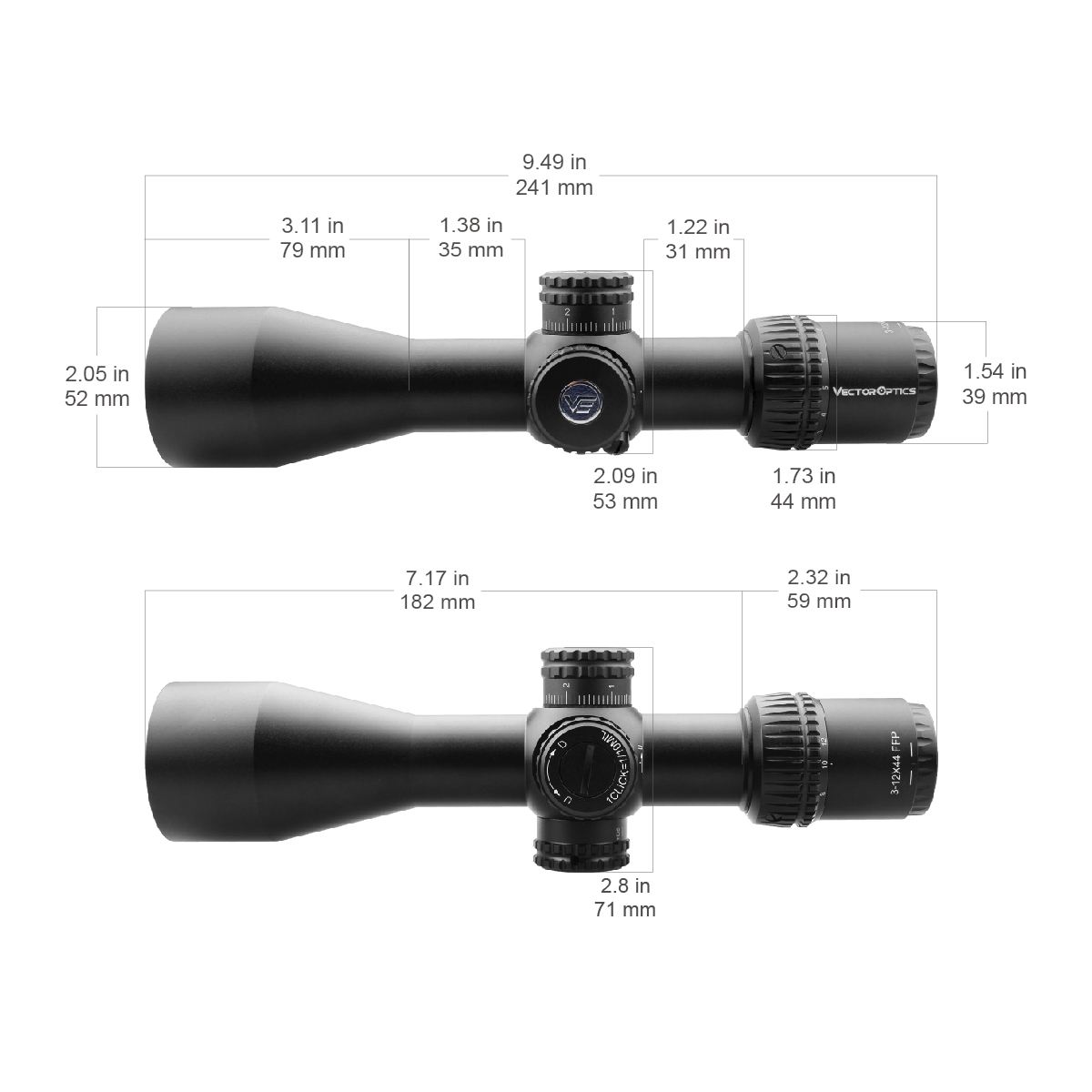 VO Veyron 3-12x44FFP Acom Size Diagram