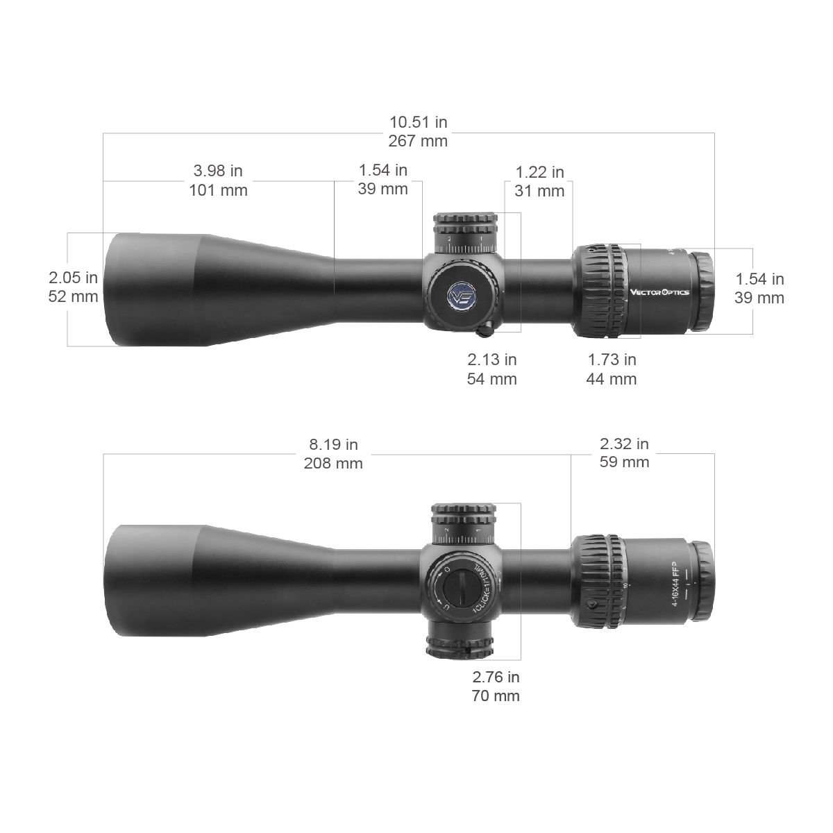 VO Veyron 4-16x44FFP Acom Size Diagram